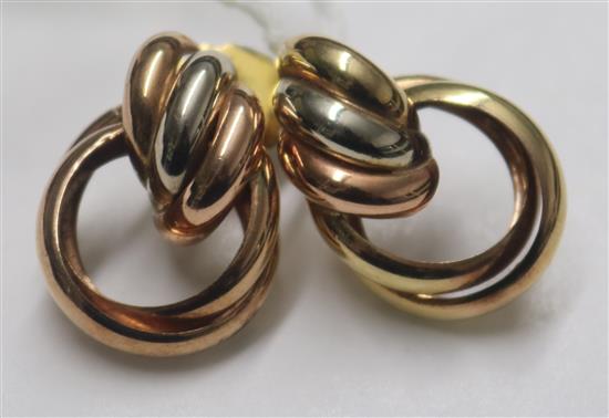 A pair of three colour 9ct gold triple loop earrings,